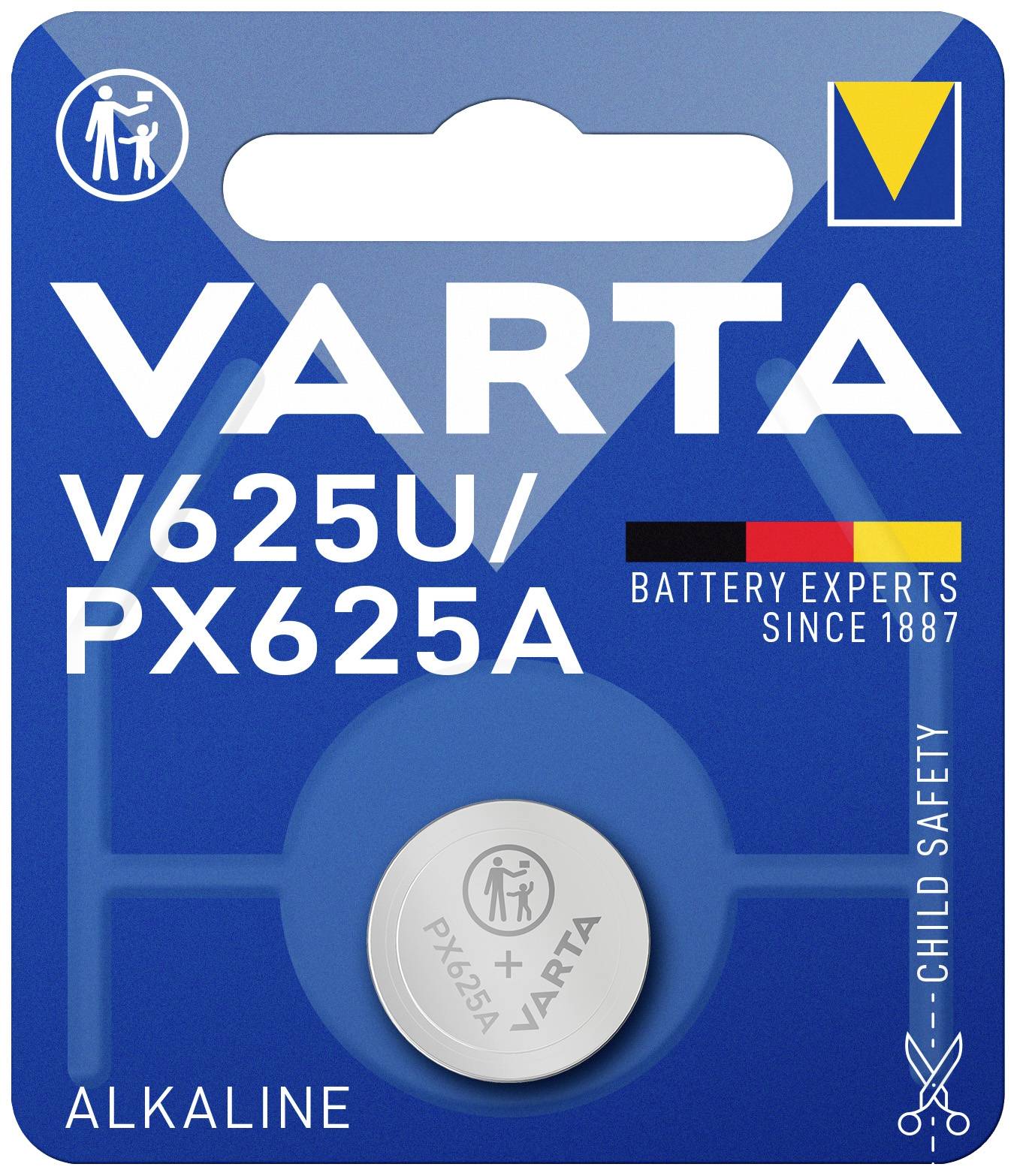 'VARTA V625U/PX625A' Alkaline-Batterie auf blauem Hintergrund, kindergesicherte Verpackung, seit 1887 Batterie-Experten.