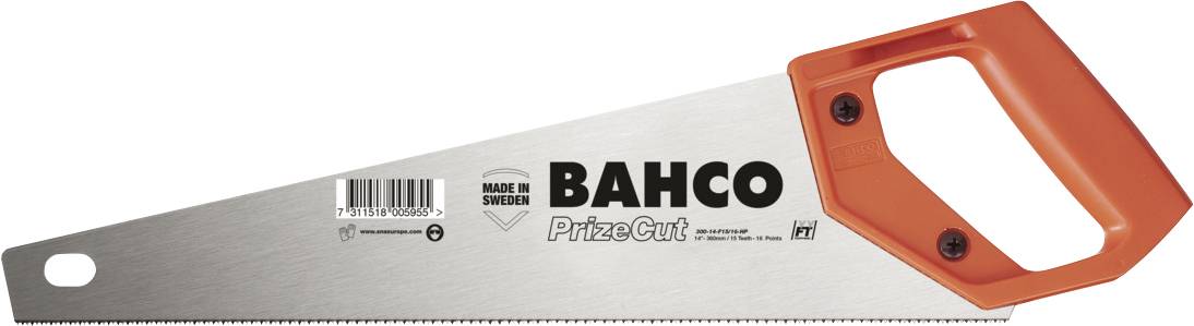Handsägenblatt mit orangefarbenem Griff, Aufdruck 'BAHCO PrizeCut', 'MADE IN SWEDEN', und Strichcode.