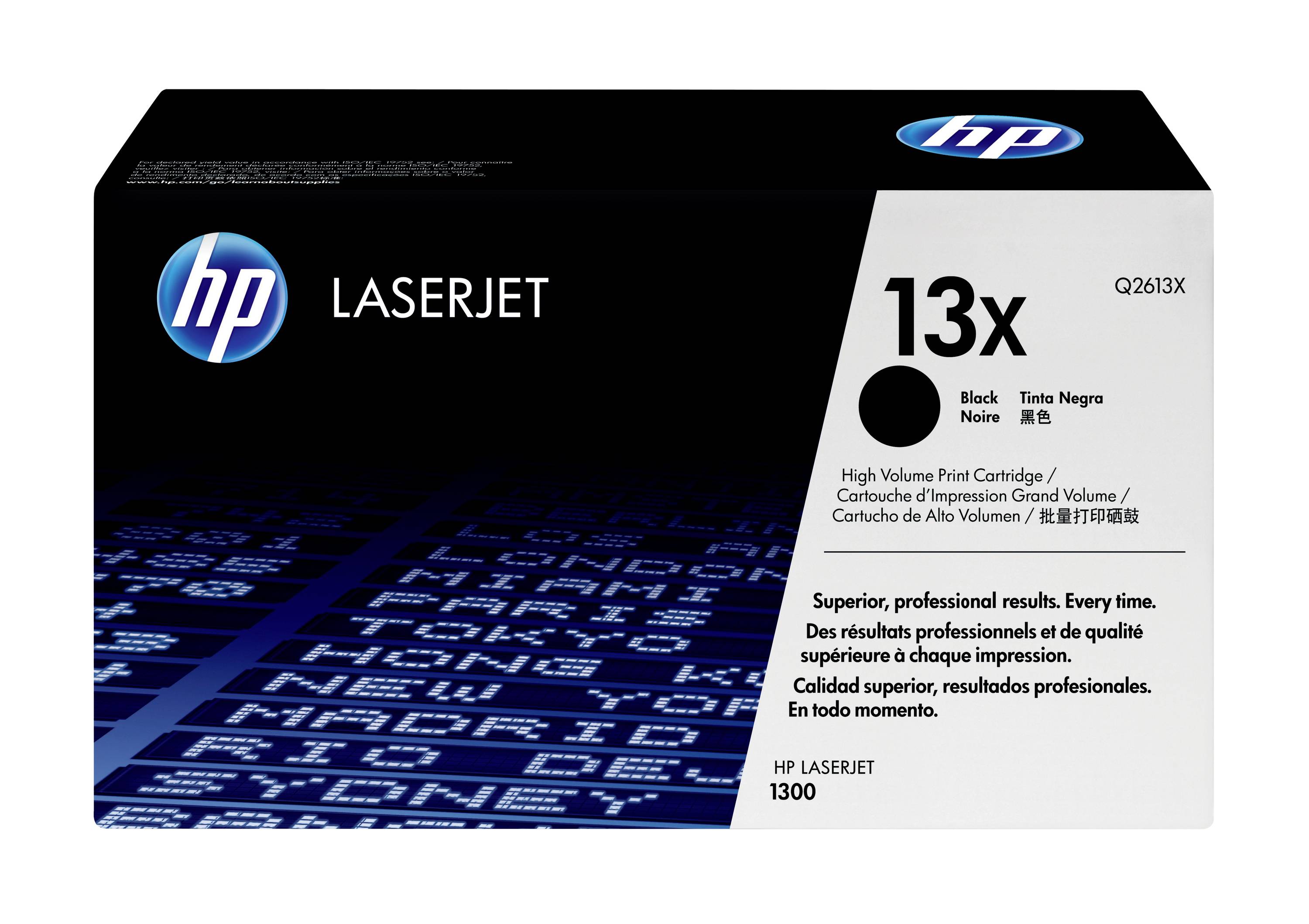 HP LaserJet 13X schwarze Tonerpatrone Box, Modell Q2613X, mit Hochvolumen-Druckpatronenetikett.