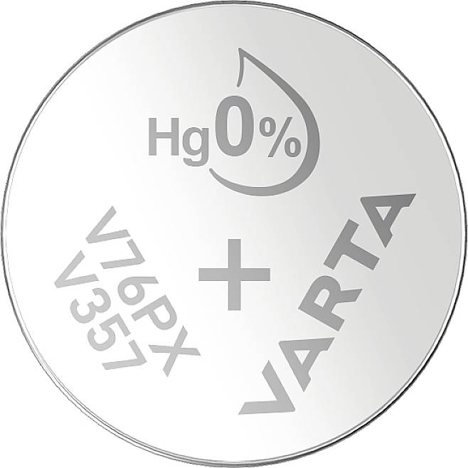 Knopfzelle mit Aufschrift: Hg 0%, V76PX V357, VARTA. Zeigt, dass die Batterie quecksilberfrei ist.