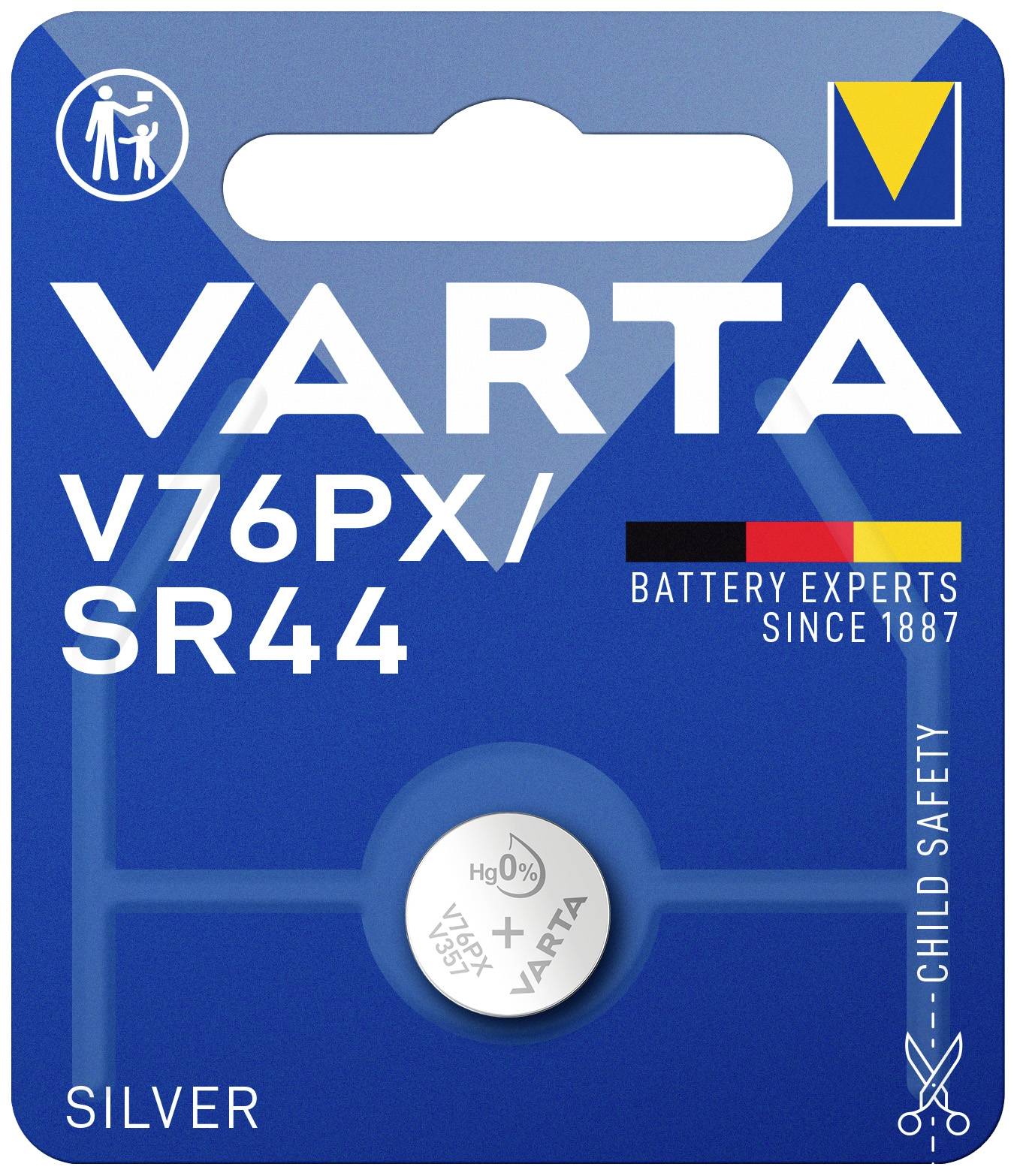 Batterie-Verpackung von Varta, Modell V76PX/SR44, 