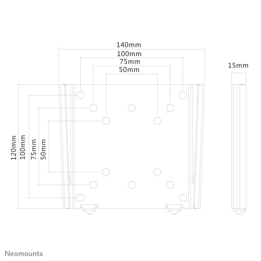 Technische Zeichnung einer Wandhalterung mit Maßen: Breite 140mm, Höhe 120mm, Tiefe 15mm. Verschiedene Bohrlochabstände gezeigt.