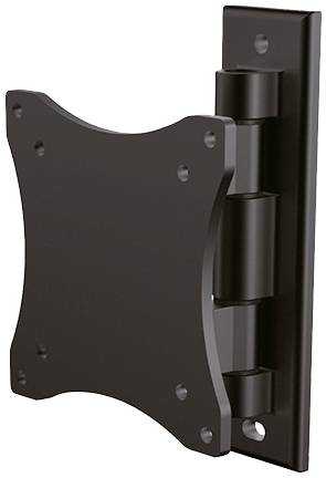Eine schwarze TV-Wandhalterung mit Scharnier, die ermöglicht, den Bildschirm zu schwenken, ist an einer Wand montiert.