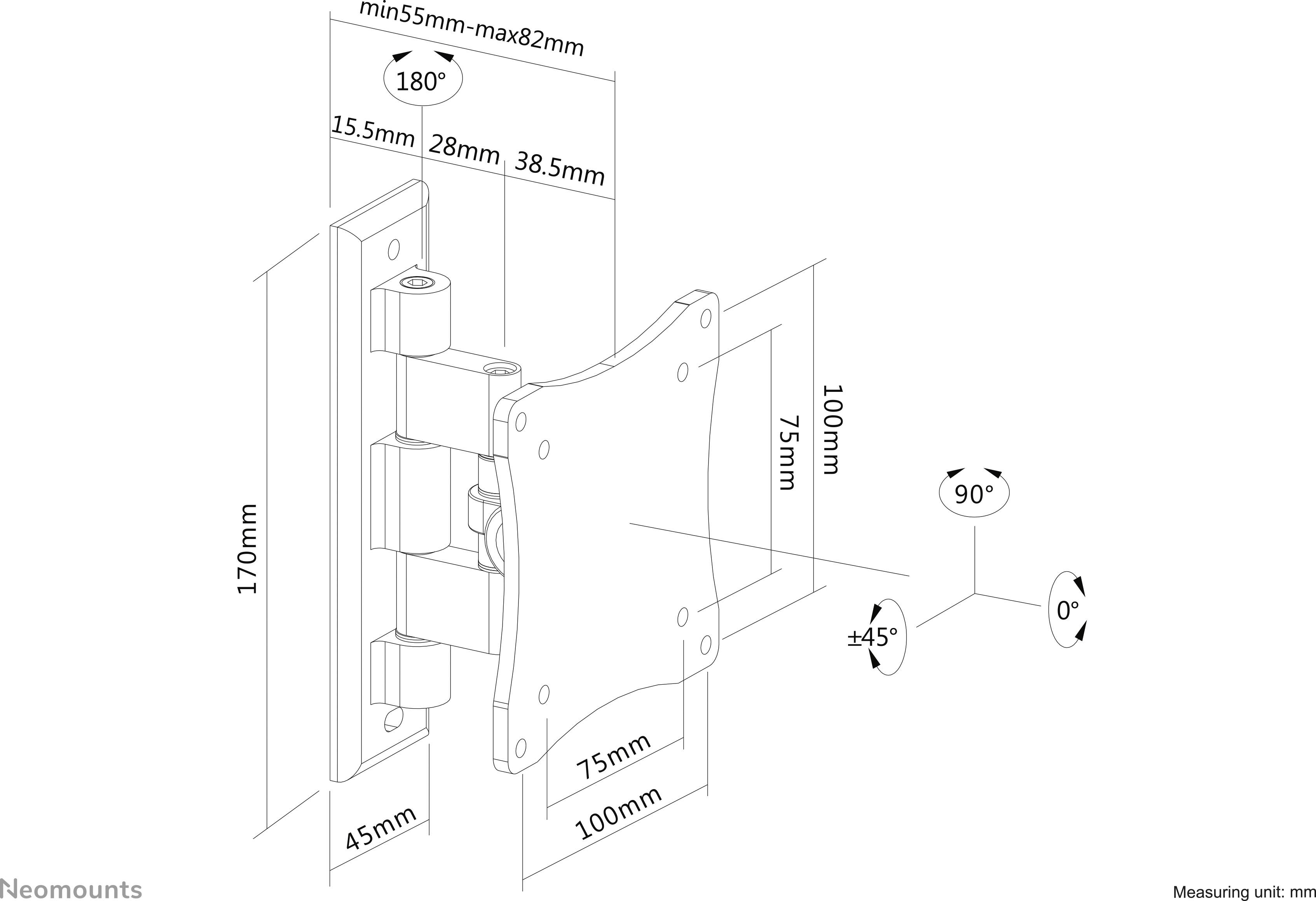 Diagramm eines neig- und schwenkbaren Wandhalters für Monitore. Maße: 170mm Höhe, 100mm Breite, neigbar bis 90°, schwenkbar 180°.