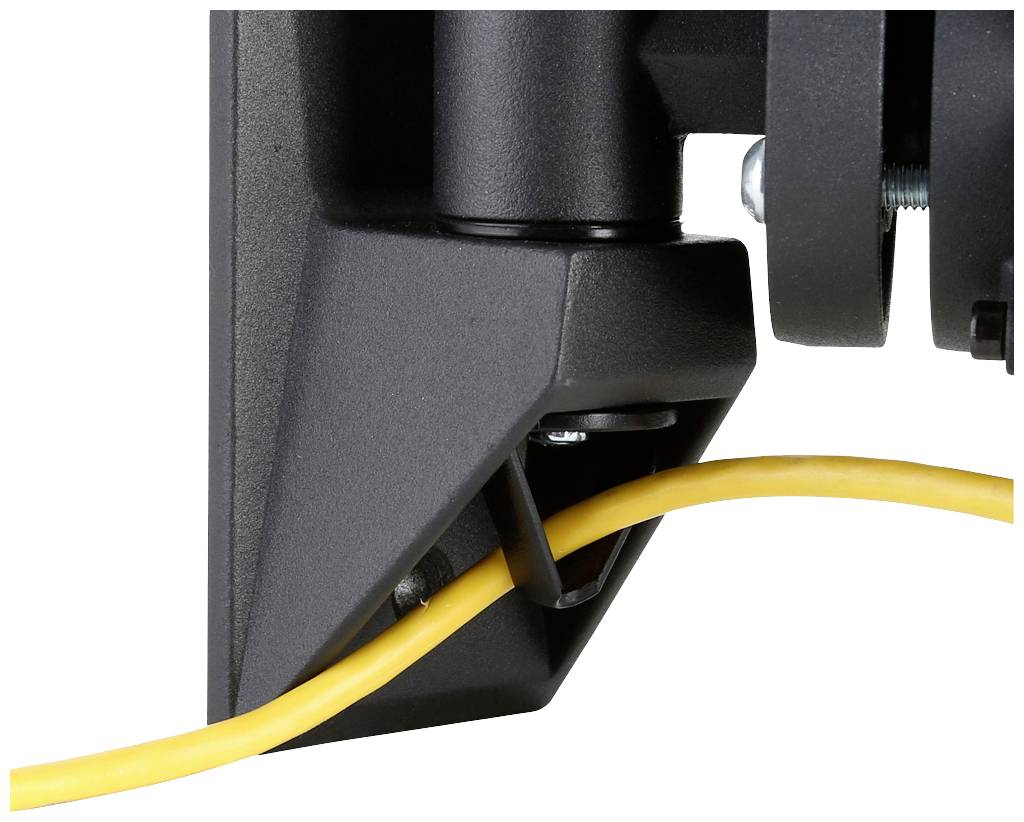 Nahaufnahme eines schwarzen Kabelhalters mit gelbem Kabel, das sicher durch die Halterung verläuft.
