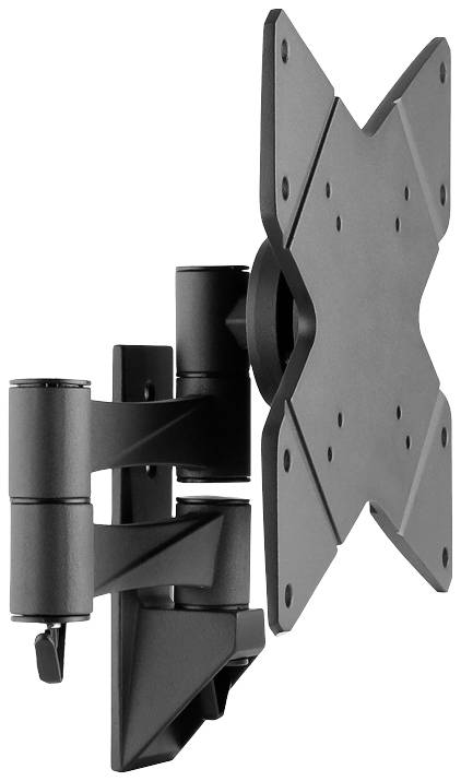 Wandhalterung für Flachbildschirme mit schwenkbarem Arm, schwarzes Metall, kompatibel mit verschiedenen Monitorgrößen. Geeignet für Büros.