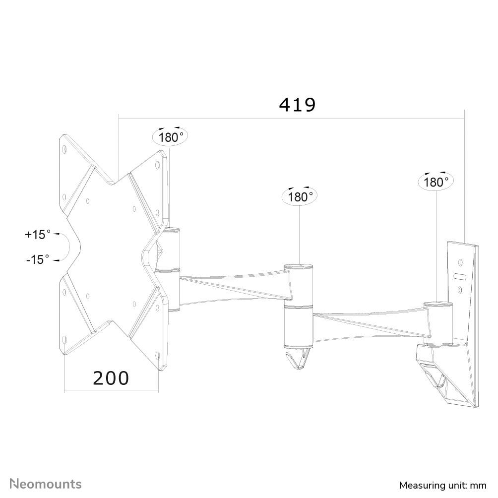 Technische Zeichnung eines schwenkbaren Monitorarms. Maße: 419 mm Länge, 200 mm Breite. Neigungswinkel: ±15°, Drehwinkel: 180°.