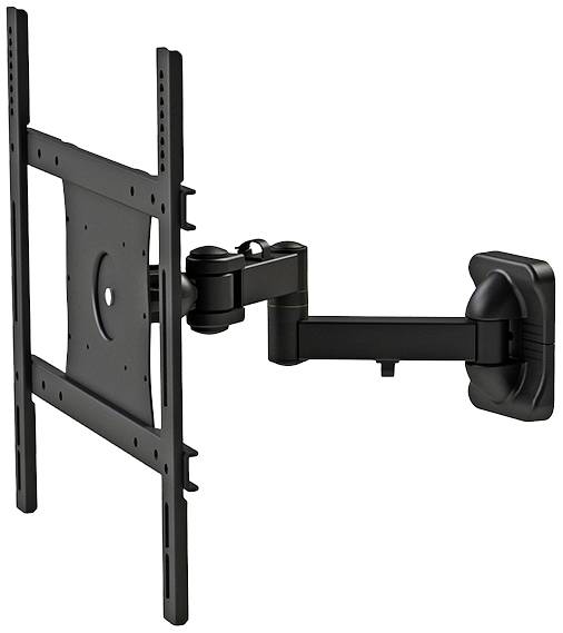 Eine schwarze, an der Wand montierte TV-Halterung mit schwenkbarem Arm und verstellbarem Kopf zur Befestigung eines Flachbildfernsehers.