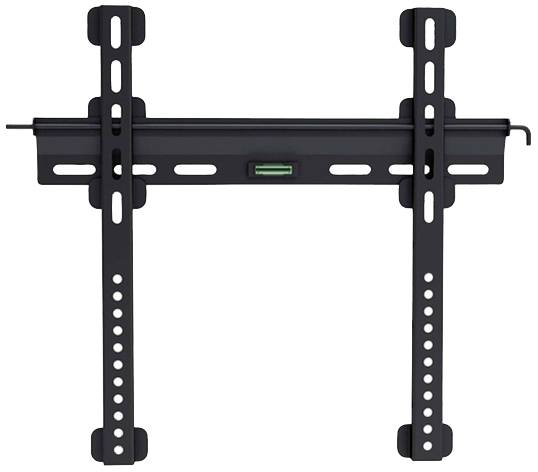 Flache, schwarze TV-Wandhalterung mit vertikalen und horizontalen Streben, die verschiedene Befestigungsmöglichkeiten bietet.