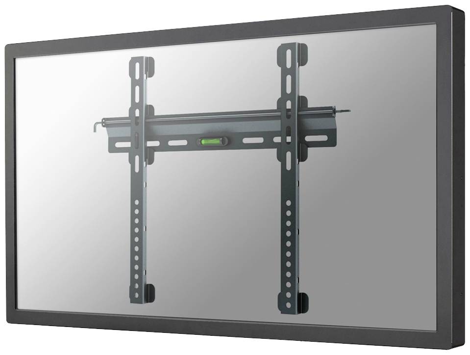 Wandhalterung für Fernsehbildschirm mit Wasserwaage zur präzisen Ausrichtung; metallene Halterung vor hellem Hintergrund.