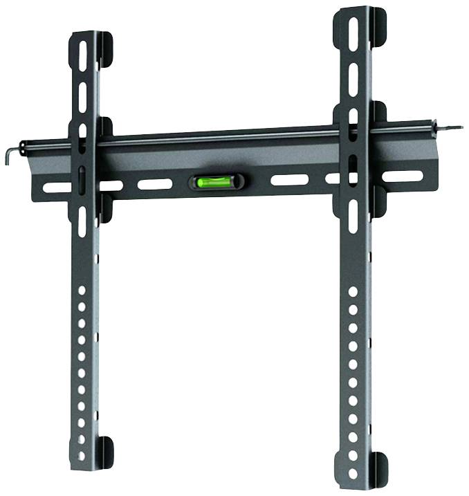 Eine schwarze TV-Wandhalterung mit integrierter Wasserwaage, geeignet für die Anbringung eines Flachbildfernsehers an der Wand.