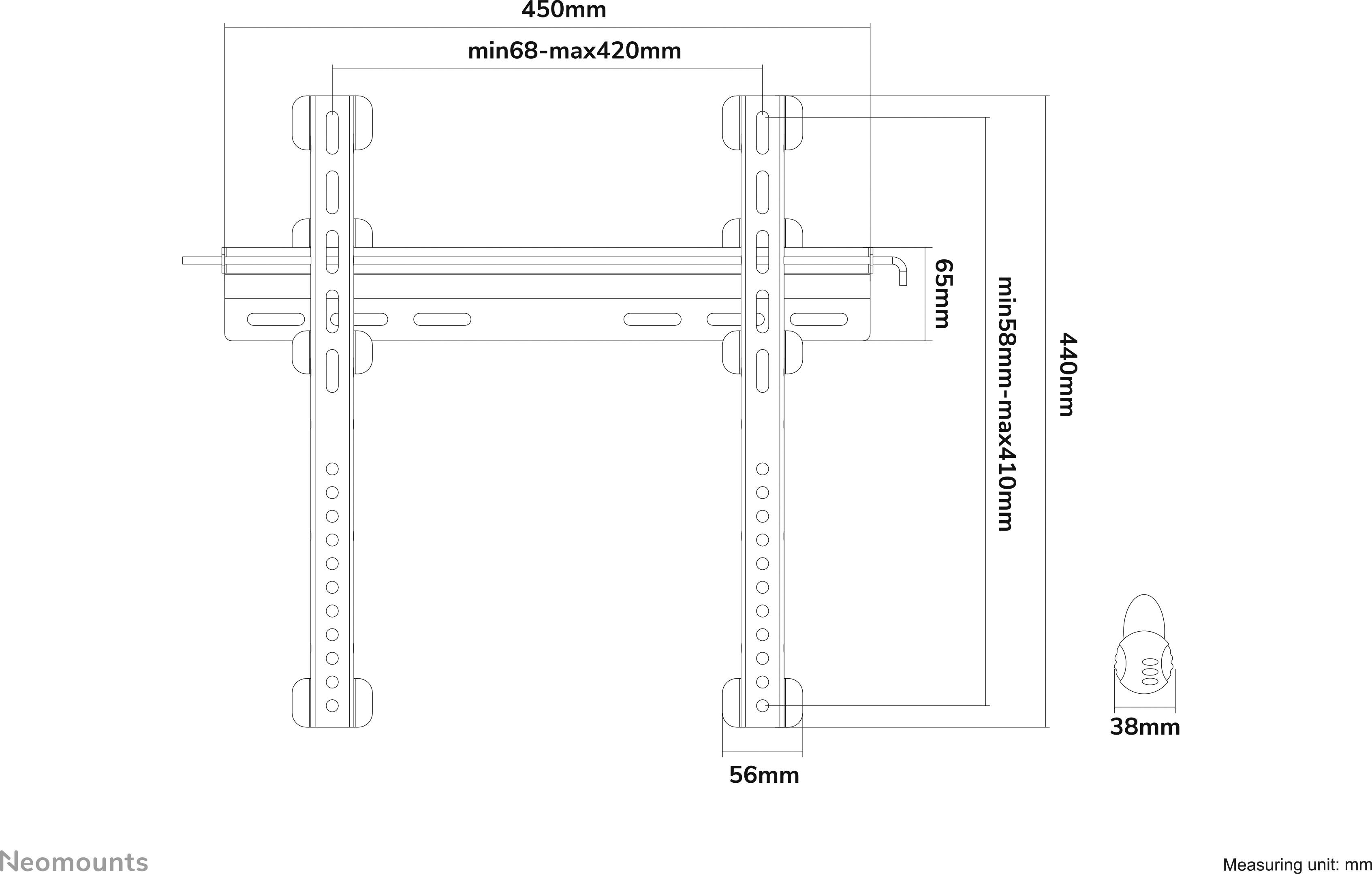Skizze einer TV-Wandhalterung mit Maßen: Breite 450mm, Höhe 440mm, min. Abstand 68mm, max. Abstand 420mm. Maßeinheit: mm.