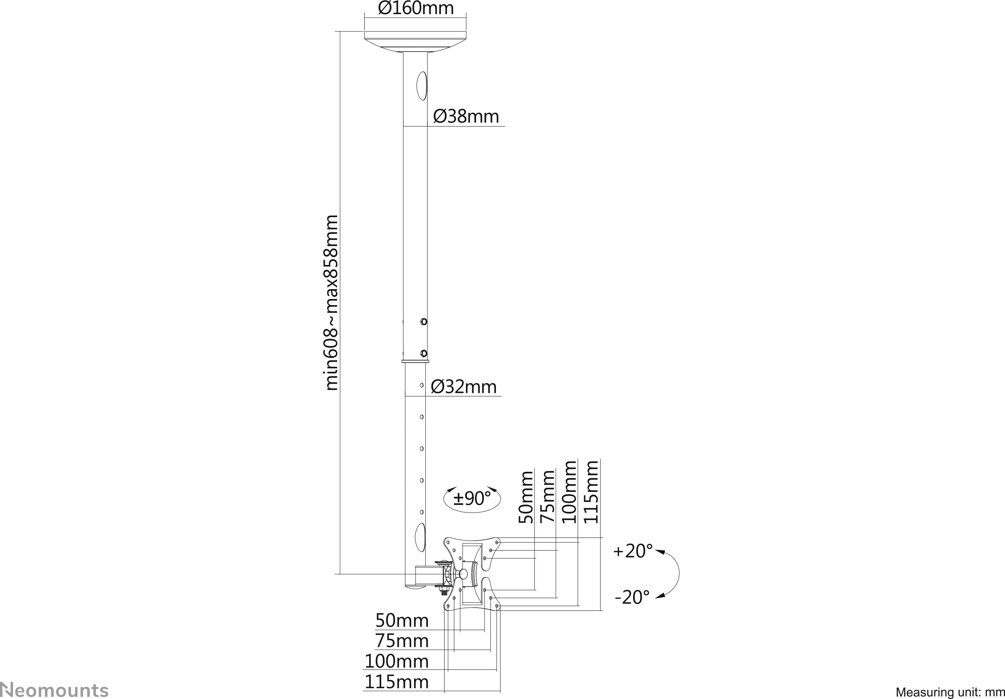 Diagramm einer verstellbaren Deckenhalterung; Höhe 608-858mm, Durchmesser: 38mm oben, 32mm unten. Winkelbereich: +/-20°.