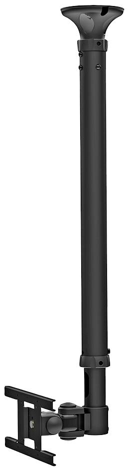 Eine schwarze, verstellbare Deckenhalterung für Projektoren, mit einem Teleskoparm zur Höhenanpassung und einem Montagekopf unten.