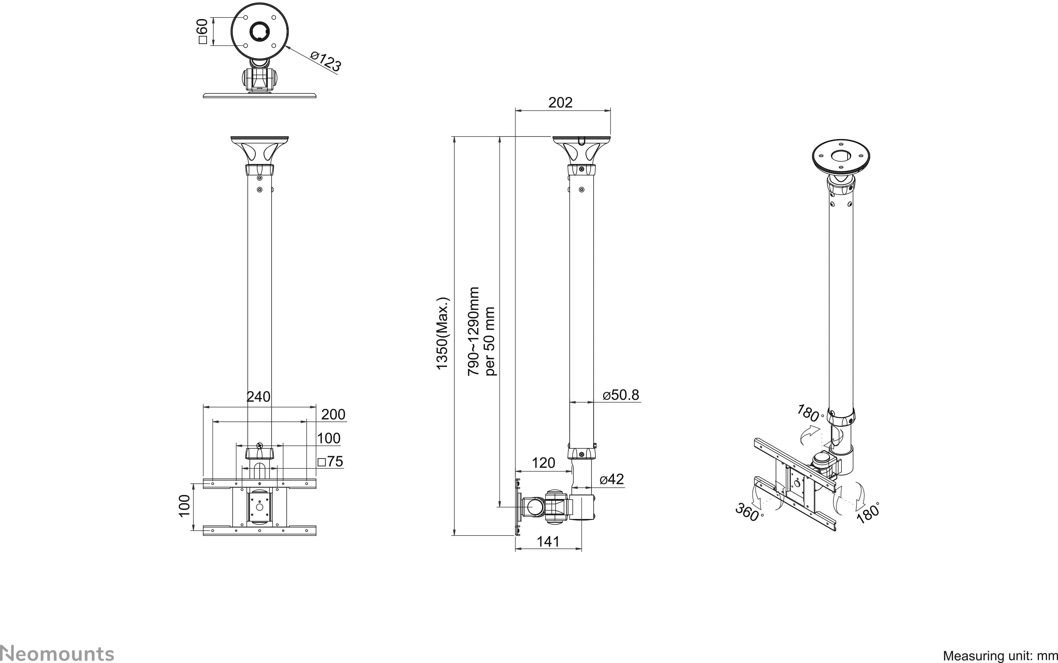 Technische Zeichnung einer Deckenhalterung mit Maßen: Höhe bis 1500 mm, Achsbreite 202 mm, variable Neigung und Drehung.