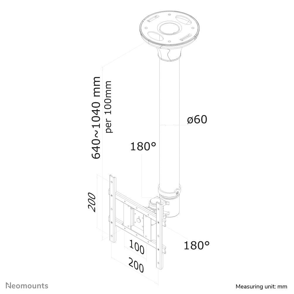 Diagramm eines Deckenhalterungsarms, verstellbare Höhe 640-1040 mm, Durchmesser 60 mm, Neigung 180°, Einheiten in mm.