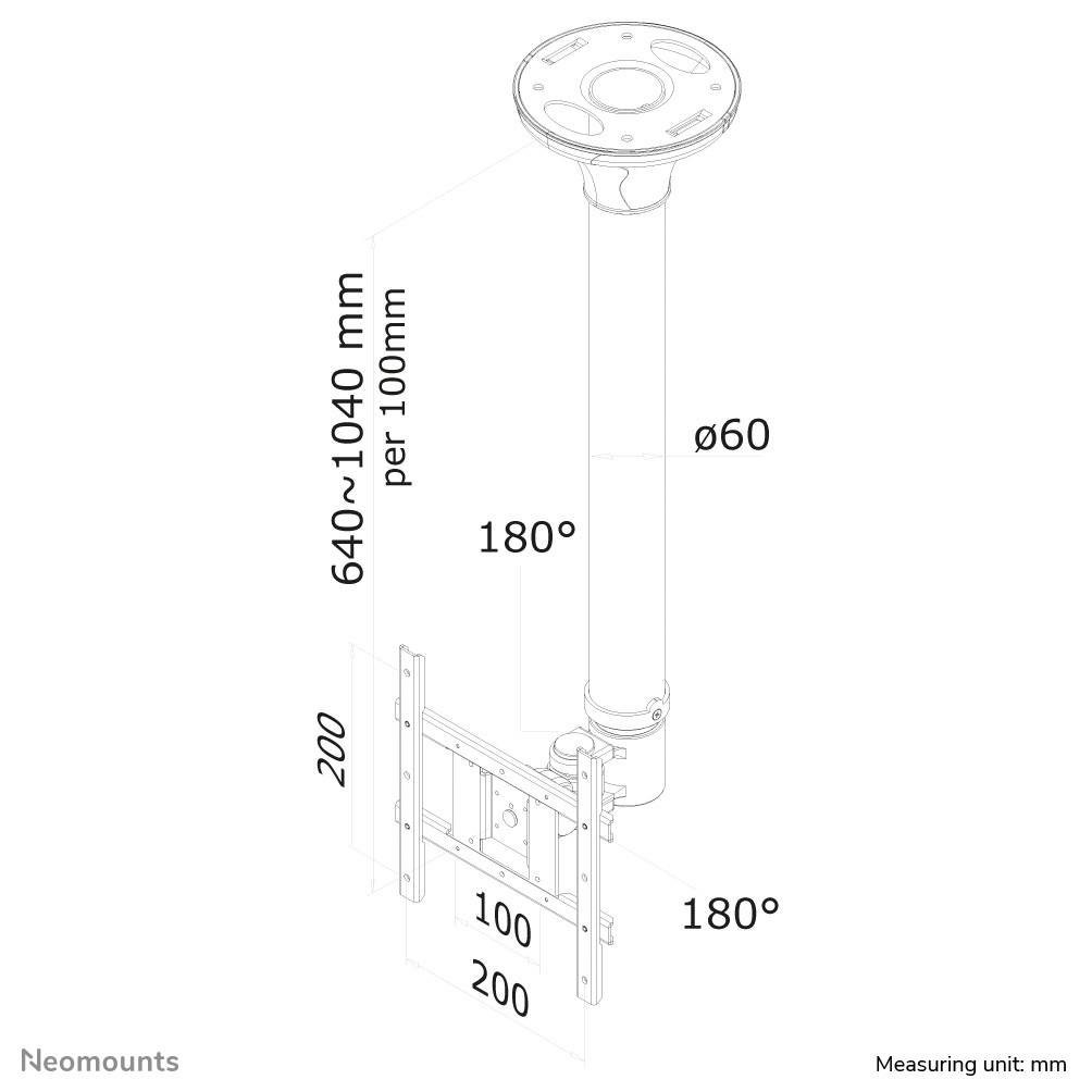 Liniendiagramm einer Deckenhalterung mit höhenverstellbarer Säule (640–1040 mm), 180° drehbar. Maße und Winkelangaben integriert.