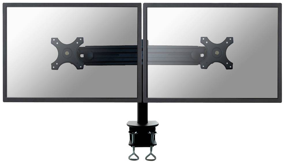 Dual-Monitor-Halterung mit zwei leeren Bildschirmen, an einem gemeinsamen Arm befestigt, geeignet für Büros oder Homeoffices.