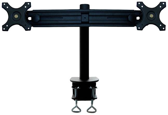 Schwarzer Dual-Monitorhalter mit VESA-Halterungen, verstellbar, zur Befestigung an Schreibtischen für bessere Ergonomie und Platzersparnis.