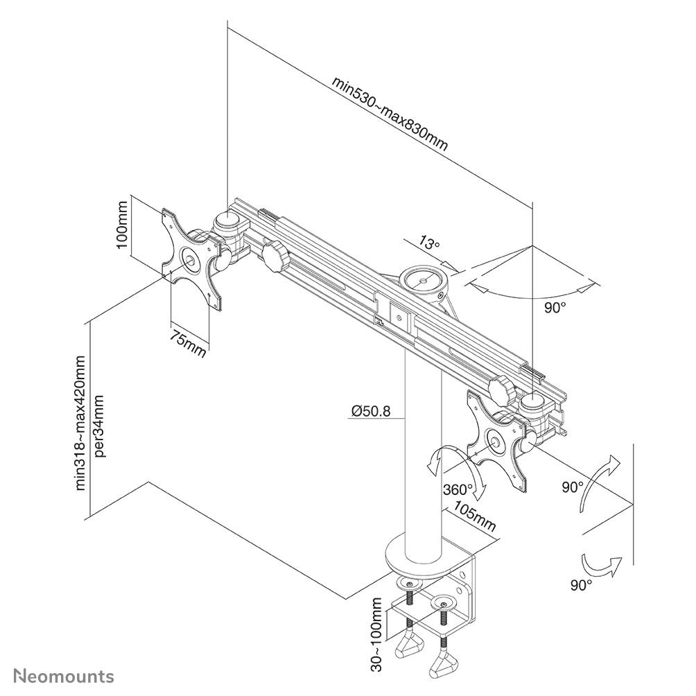 Technische Zeichnung eines verstellbaren Monitorarms mit Abmessungen: Höhe 100 mm, Breite 530-830 mm, Tiefe 131-320 mm.