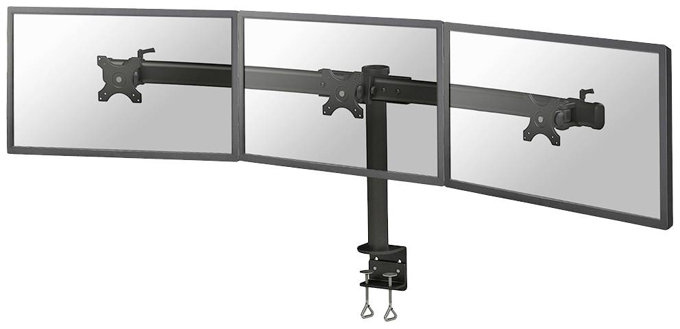 Dreifacher Monitorständer für drei Bildschirme, montiert auf einem Schreibtisch. Unterstützt ergonomische Ausrichtung und Platzersparnis.