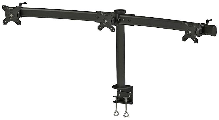 Ein doppelter Monitorarm aus schwarzem Metall zur Befestigung an einem Schreibtisch, mit zwei schwenkbaren Armen für flexible Anpassung.