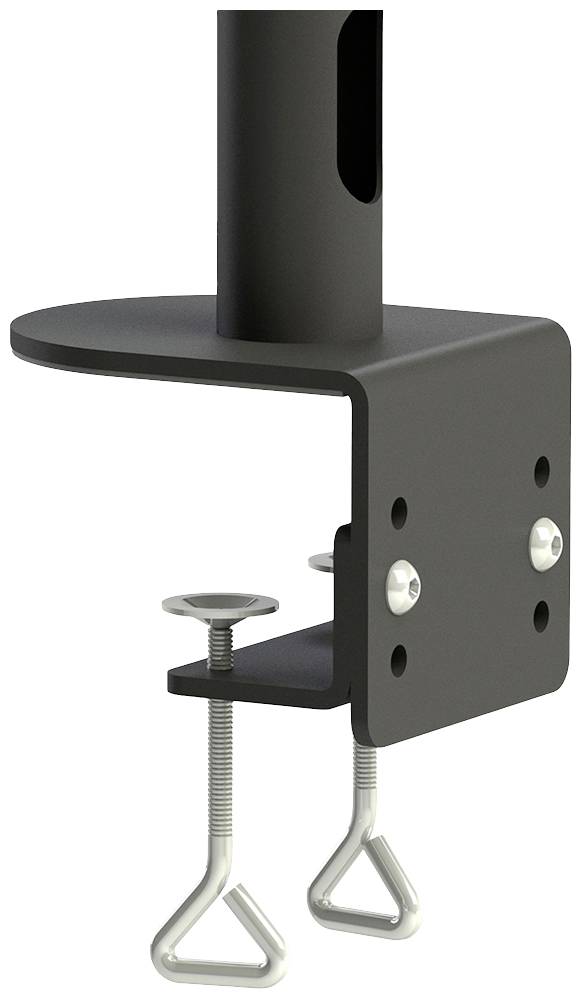 Schwarze Tischklemme zur Befestigung von Monitorarmen. Zwei Schrauben mit Flügelformen sichern die Klemme an der Tischkante.
