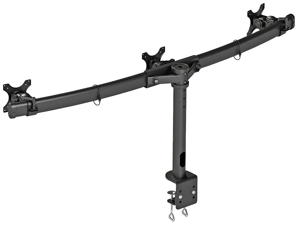 Schwenkarmhalterung für mehrere Monitore in schwarzem Metall, mit einstellbaren Armen und Klemmen zur Befestigung an Schreibtisch oder Tisch.