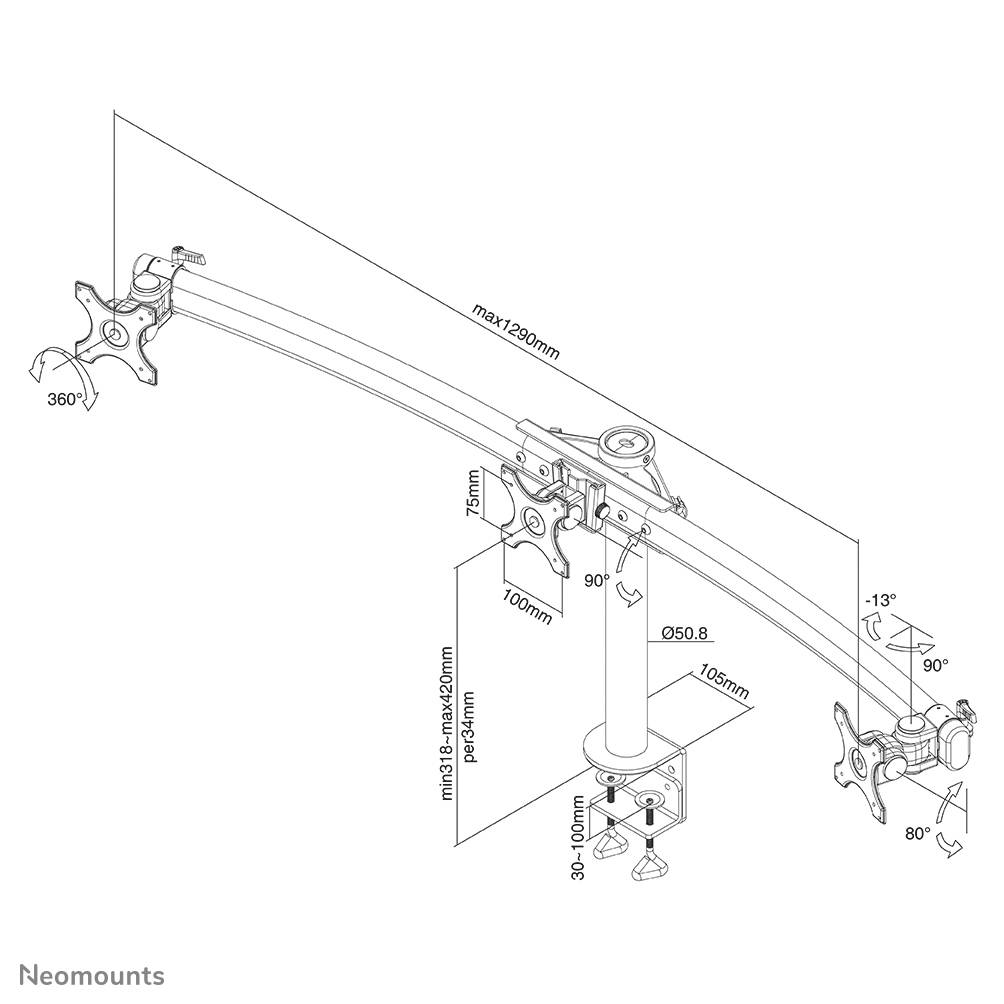Zeichnung eines verstellbaren Monitorarms mit Maßen. Zeigt maximale Spannweite von 1290 mm, neigbar bis 90 Grad und drehbar bis 360 Grad.