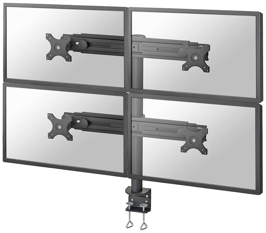 Vier Monitore an einer Halterung, symmetrisch angeordnet. Die Halterung ist an einem Schreibtisch befestigt und ermöglicht flexible Positionierung.