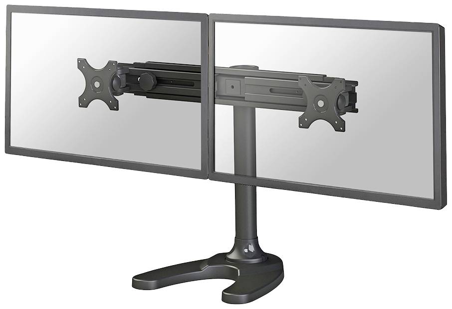 Zwei verbundene Monitorhalterungen auf einem Ständer, ohne Monitore, für Dual-Screen-Setups. Stabiler Standfuß mit verstellbaren Armen.
