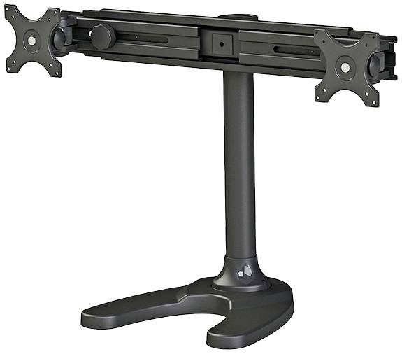 Ein Doppelmonitorständer aus Metall mit zwei verstellbaren Halterungen. Ideal für Arbeitsbereiche, die mehrere Bildschirme erfordern.