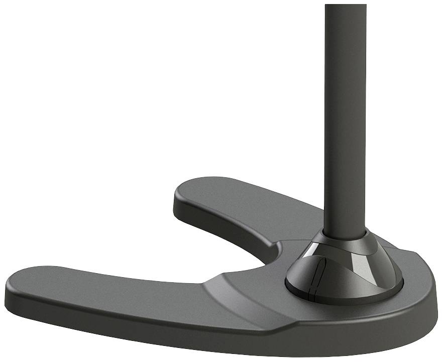 Schwarzer, stabiler Metallfuß eines Stehpults oder einer Lampe, auf hellem Hintergrund.