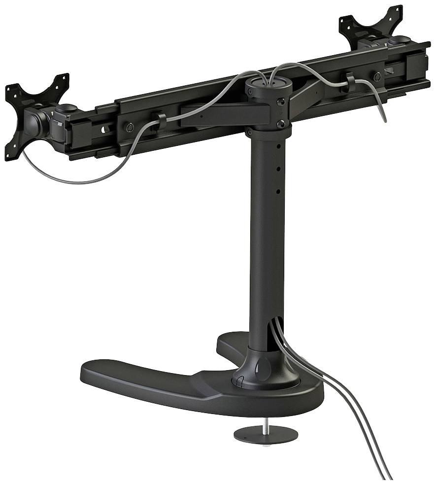Ein schwarzer dualer Monitorarm aus Metall mit Kabelmanagement, geeignet zur Befestigung von zwei Monitoren im Büro oder Arbeitsumfeld.