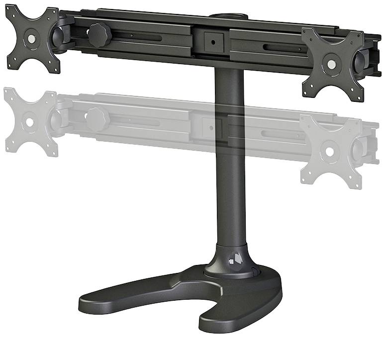 Dual-Monitor-Ständer, schwarz, höhenverstellbar mit drehbaren Armen, geeignet für zwei Monitore nebeneinander.