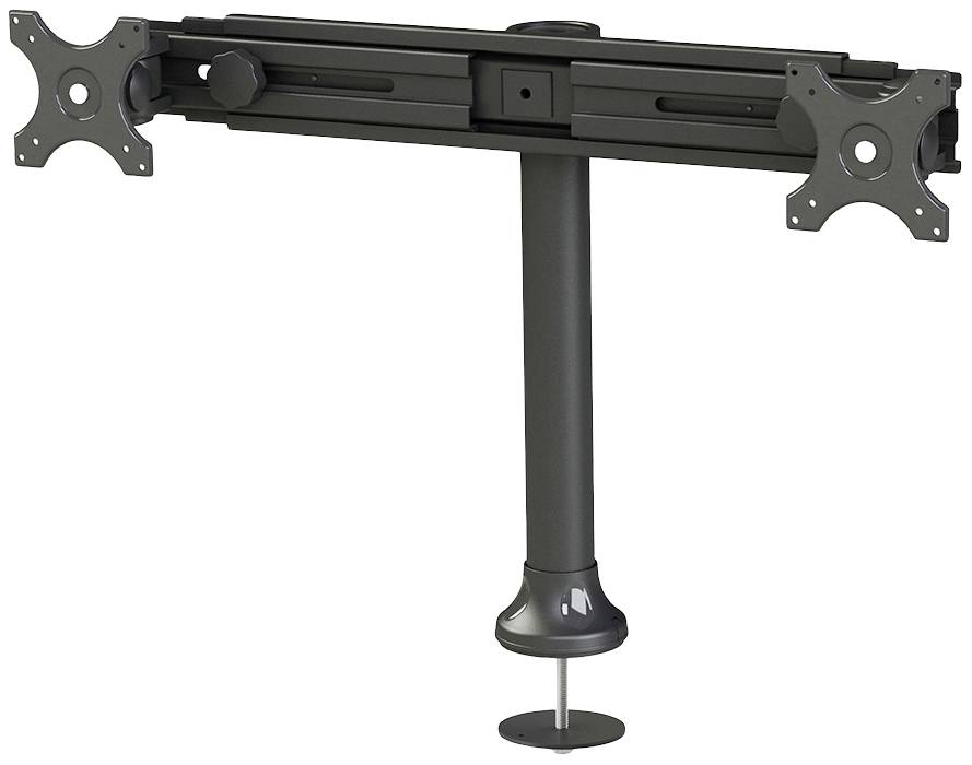 Doppelte Monitorhalterung aus Metall mit verstellbaren Armen und Befestigungsschraube. Geeignet für Schreibtischmontage.