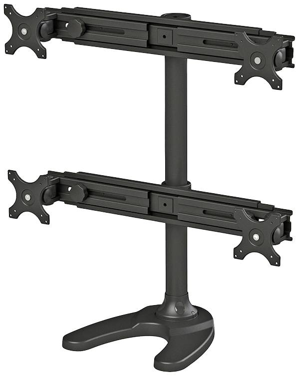 Schwarzer Dual-Monitor-Ständer mit vertikalen Halterungen, stabiler Basis und verstellbaren Armen für flexibles Bildschirm-Setup.