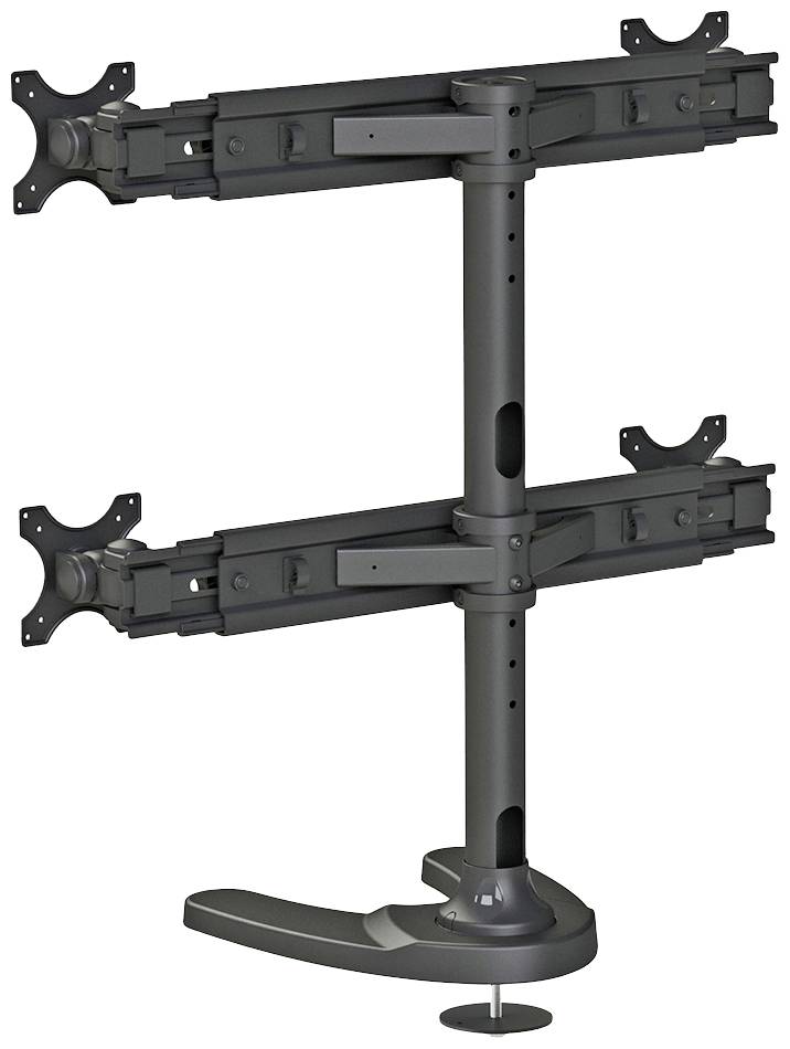 Ein Dual-Monitorständer aus Metall mit verstellbaren Armen, geeignet für die Montage von zwei Monitoren nebeneinander.
