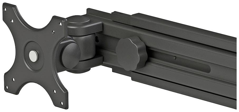 Ein schwarzer, verstellbarer Monitorarm mit Befestigungsplatte, geeignet zur Wandmontage von Bildschirmen.