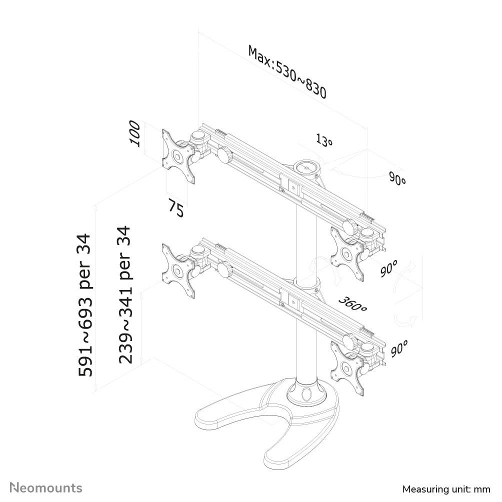 Dual-Monitorständer mit verstellbarer Höhe von 591-693 und 239-341 mm, max. Breite 530-830 mm, Neigbarkeit 90°, Schwenkbereich 360°.