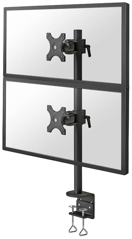 Zwei übereinander montierte Monitore an einem schwarzen Ständer mit Tischklemme. Die Monitore sind leer ohne Bildschirmanzeige.