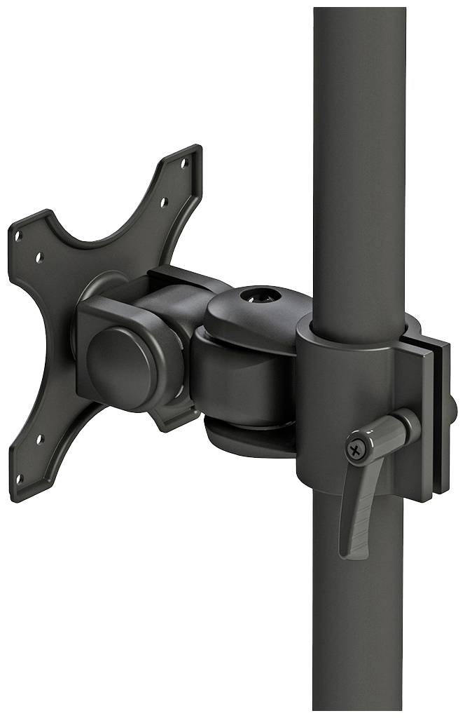 Ein schwarzer Monitorhalter mit verstellbarem Gelenk, montiert an einer vertikalen Stange. Geeignet für Monitore mit VESA-Befestigung.