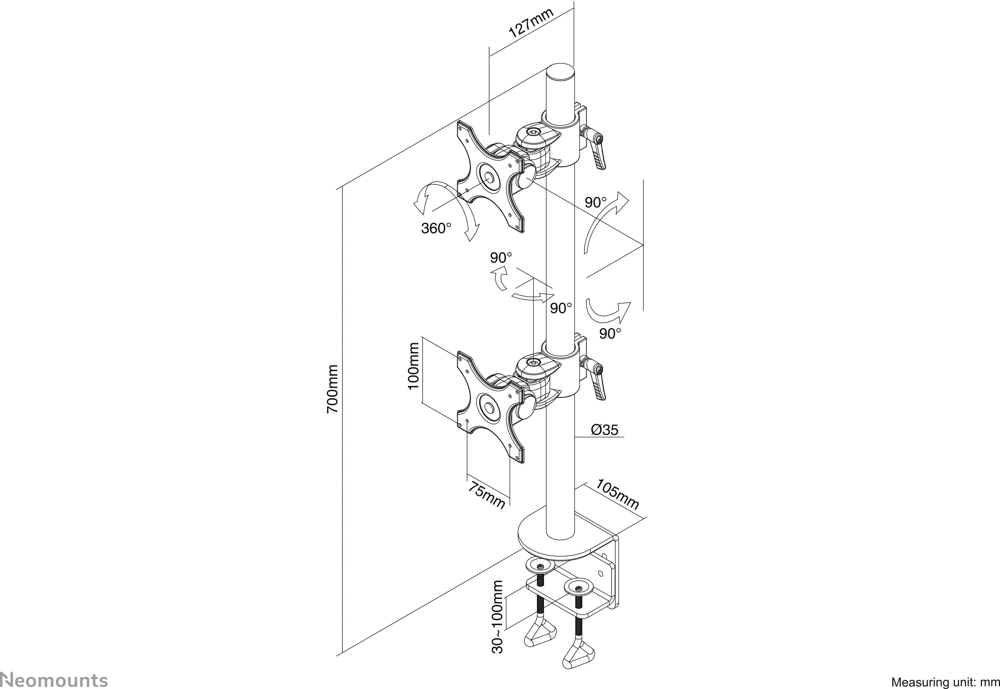 Monitorhalterung mit zwei Halterungen, höhenverstellbar bis 700 mm. Jede Halterung neigbar um 90°, schwenkbar um 360°. Maße und Winkel markiert.