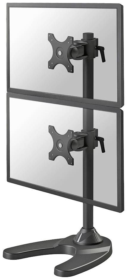 Zwei übereinander angeordnete Monitore an einem verstellbaren Ständer mit stabiler Basis. Ideal für platzsparende Bildschirmkonfigurationen.