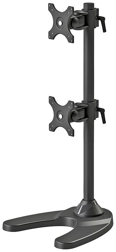 Ein vertikaler, schwarz-silberner Monitorständer mit zwei übereinander angeordneten Montageplatten für Monitore.