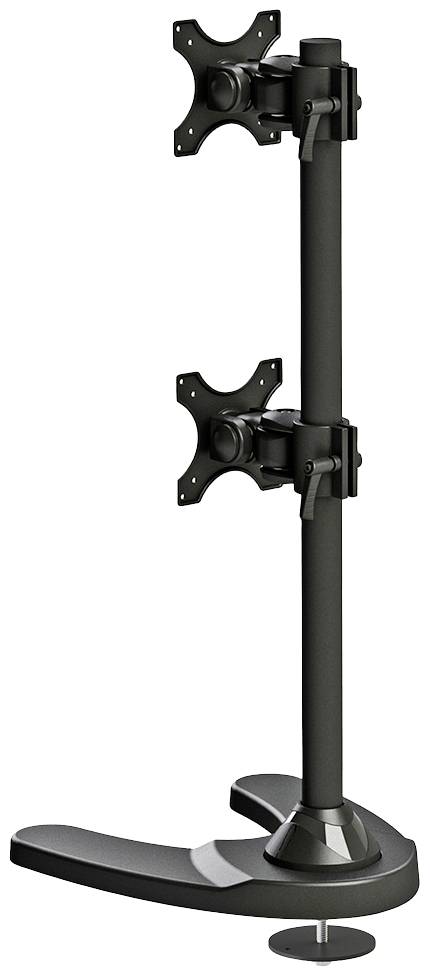 Doppelte Monitorhalterung aus Metall mit vertikaler Ausrichtung, geeignet für zwei Bildschirme, mit verstellbaren Armen.