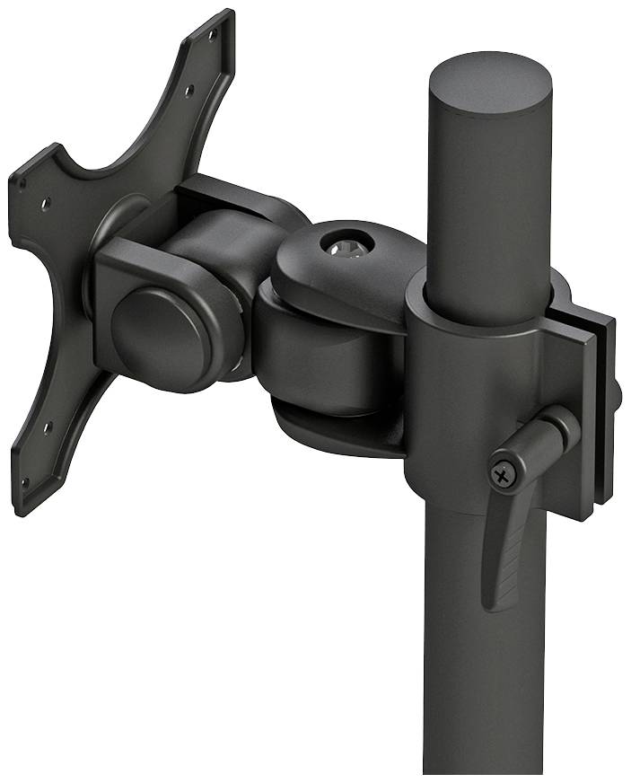 Schwarzer Monitor-Arm aus Metall, drehbar und höhenverstellbar, geeignet zur Befestigung an einem Tisch oder Schreibtisch für flexible Bildschirmpositionierung.