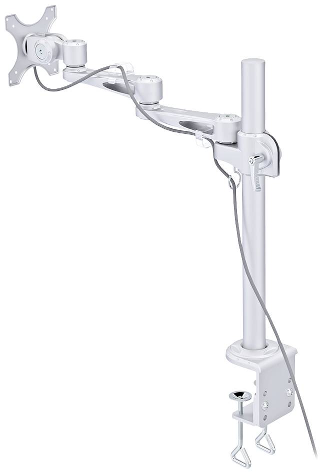 Ein verstellbarer Monitorarm aus Metall mit Kabelmanagement, zur Montage an einem Tisch. Geeignet für ergonomische Bildschirmpositionierung.