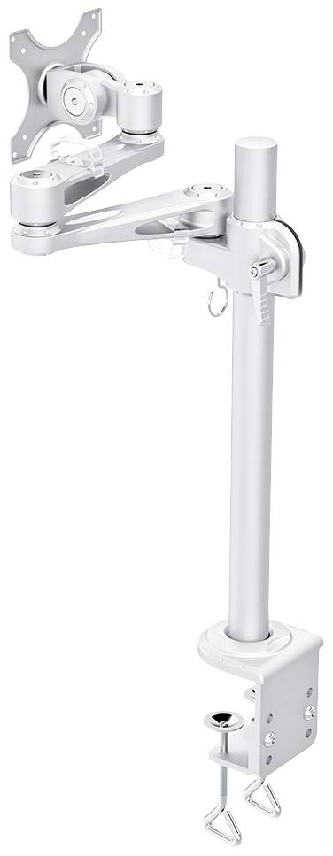 Ein silberner Monitorarm mit Klemme zur Befestigung an einem Tisch. Der Arm ist in verschiedene Richtungen verstellbar.