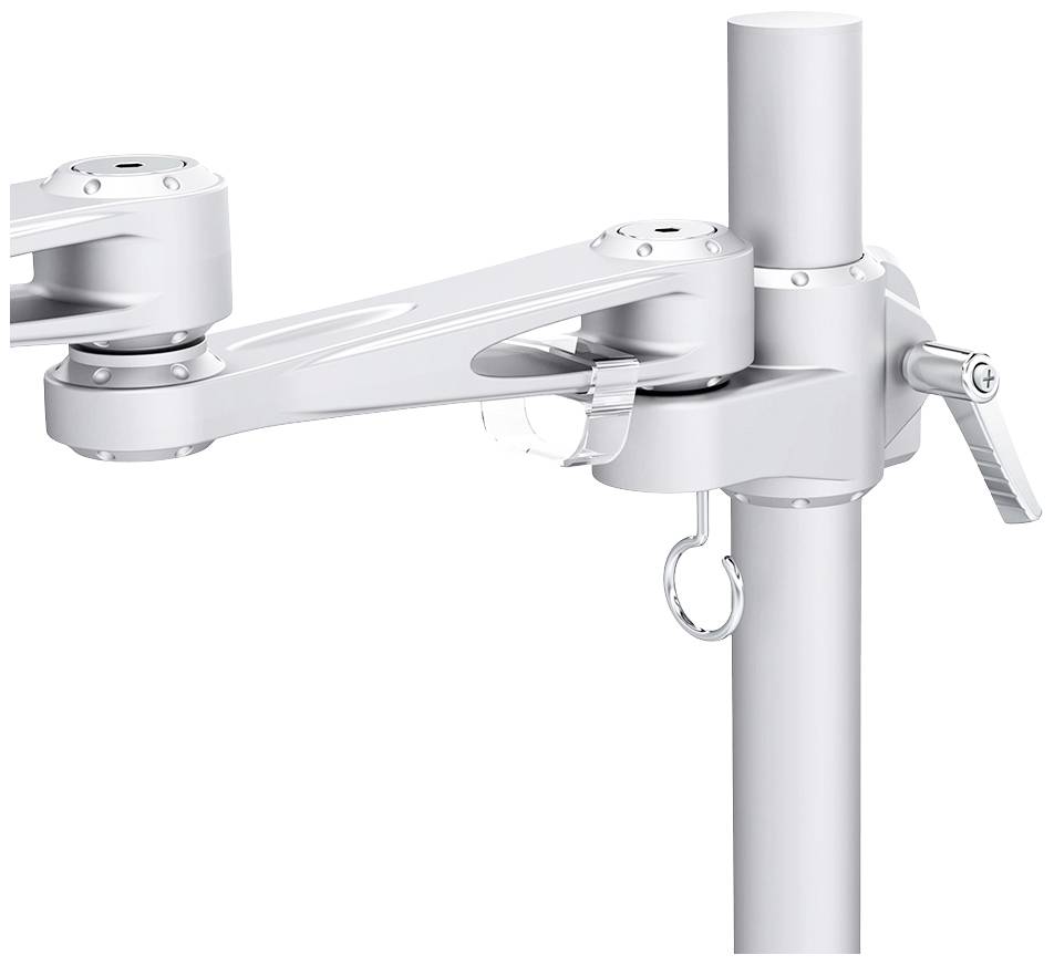 Ein ergonomischer Monitorarm in silberner Farbe, montiert an einer vertikalen Stange, ermöglicht flexible Bildschirmpositionierung.